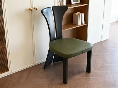 Modern Black Backrest Dining Chair With Green Seat White Cabinet Bookshelf And Wooden Floor 3d model