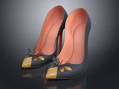 Elegant Black High Heels With Yellow Toe Cap And Butterfly Ornament Red Heel Design 3d model