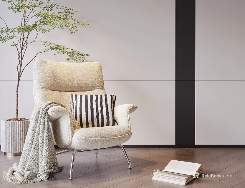 Cozy Beige Lounge Chair with Striped Pillow Gray Throw and Potted Plant on Wooden Floor 3d model 