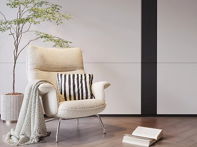 Cozy Beige Lounge Chair with Striped Pillow Gray Throw and Potted Plant on Wooden Floor 3d model