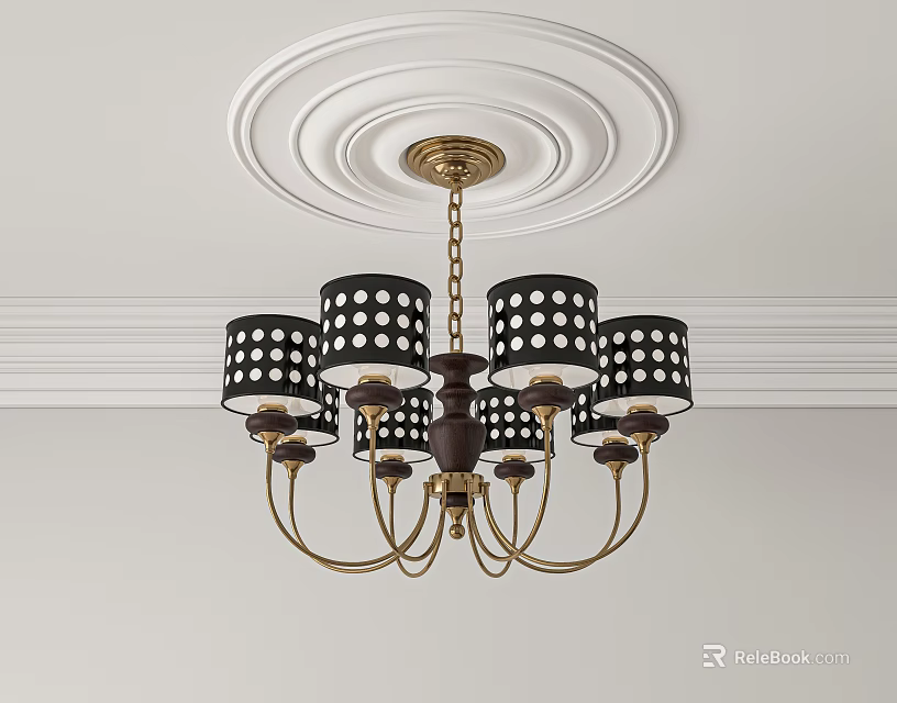 Elegant Black Chandelier With White Polka Dot Shades And Golden Chain On White Ceiling Medallion 3d model 
