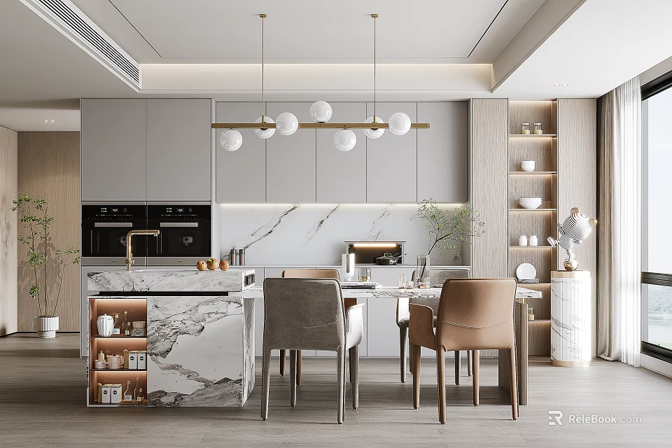 Modern Restaurant Interior Design With Marble Countertop Pendant Lights And Cabinets 3d model