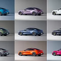 Modern Same Model Sports Cars in Nine Different Colors with Side View