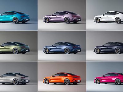 Modern Same Model Sports Cars in Nine Different Colors with Side View 3d model