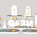 Elegant Jewelry Display On White Stands With Various Necklaces Bracelets And Gemstone Rings