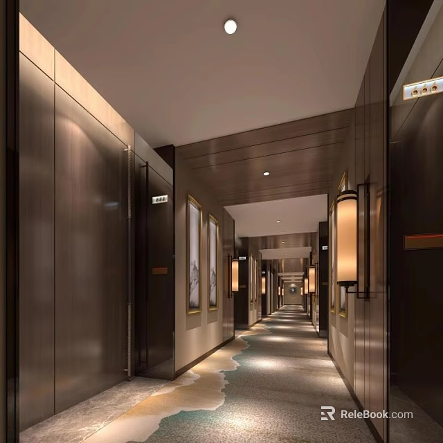 Modern Hotel Corridor Interior With Wall Lights Decorative Paintings And Carpeted Floor 3d model 