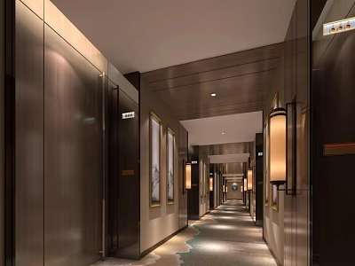 Modern Hotel Corridor Interior With Wall Lights Decorative Paintings And Carpeted Floor 3d model
