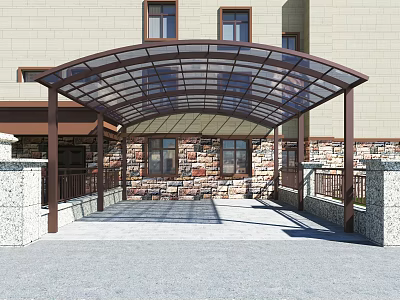 Modern Metal Frame Canopy With Transparent Roof Over Building Entrance And Stone Wall 3d model