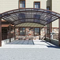 Modern Metal Frame Canopy With Transparent Roof Over Building Entrance And Stone Wall