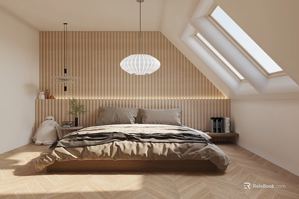 Modern Bedroom Interior With Wooden Wall Sloped Ceiling Skylights Pendant Light Double Bed Herringbone Floor 3d model 