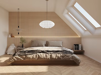 Modern Bedroom Interior With Wooden Wall Sloped Ceiling Skylights Pendant Light Double Bed Herringbone Floor 3d model