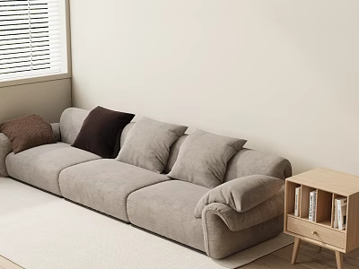 Three Seater Gray Sofa with Plush Brown Dark Brown Pillows Wooden Side Table Beige Wall 3d model