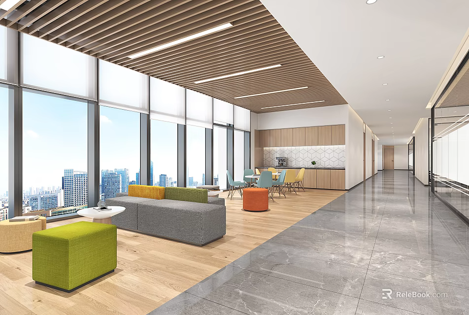 Modern Break Room Interior With Large Windows City View Sofa Colorful Stools And Wooden Cabinets 3d model 