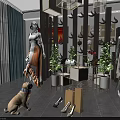 Fashion Retail Display Space With Mannequins Dresses Hats Plants Dog Shopping Bags And Shoes