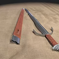 Medieval Sword With Leather Hilt Silver Metal Blade And Leather Scabbard On Beige Fabric Background