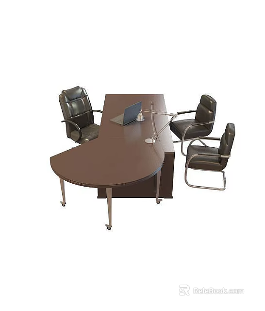 Technology Exhibition Hall Conference Space With Brown Table Laptop Microphone And Black Leather Chairs 3d model 