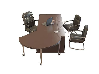 Technology Exhibition Hall Conference Space With Brown Table Laptop Microphone And Black Leather Chairs 3d model