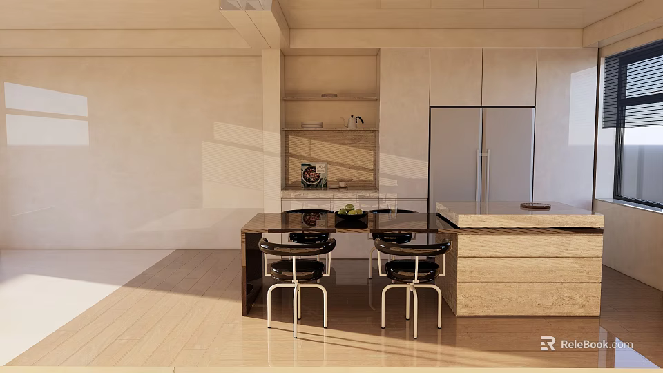 Bright Modern Kitchen Interior With Island Counter Cabinets Refrigerator And Chairs 3d model 