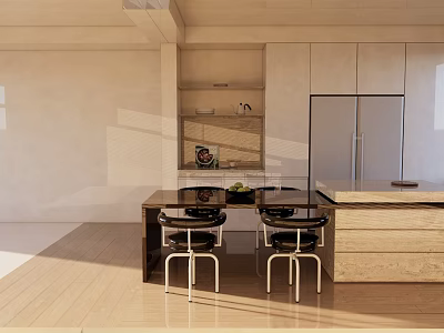 Bright Modern Kitchen Interior With Island Counter Cabinets Refrigerator And Chairs 3d model