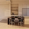 Bright Modern Kitchen Interior With Island Counter Cabinets Refrigerator And Chairs