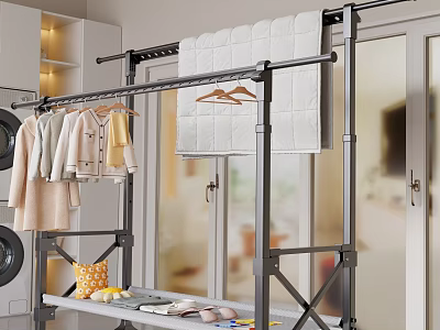 Floor Standing Clothes Rack with Hanging Clothes Quilt and Washing Machine in Indoor Laundry Area 3d model