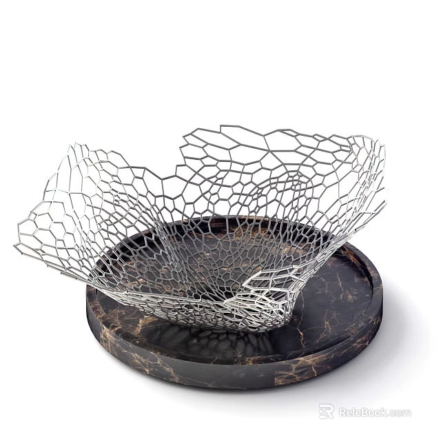 Elegant Silver Mesh Decorative Vase Placed on Black Circular Tray with Marble Texture 3d model 