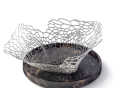 Elegant Silver Mesh Decorative Vase Placed on Black Circular Tray with Marble Texture 3d model