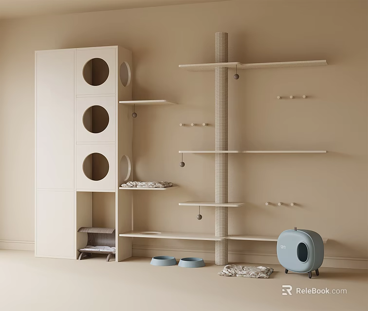 Light Colored Cat Tree With Multiple Shelves Circular Holes Cabinet Cat Bowls And Enclosed Bed 3d model 