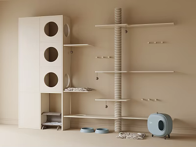 Light Colored Cat Tree With Multiple Shelves Circular Holes Cabinet Cat Bowls And Enclosed Bed 3d model