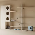 Light Colored Cat Tree With Multiple Shelves Circular Holes Cabinet Cat Bowls And Enclosed Bed