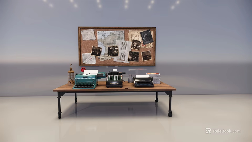 Vintage Office Appliances on Wooden Desk with Corkboard and Stacked Papers 3d model 