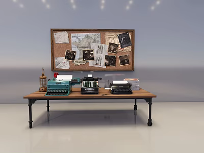 Vintage Office Appliances on Wooden Desk with Corkboard and Stacked Papers 3d model