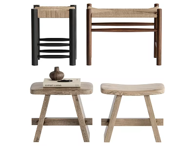 Various Modern Wooden Stools With Cross Legs Layered Design And Natural Wood Tones 3d model