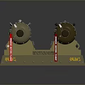 Brown Military Bombs With Yellow Stripes Straps On Mounting Stand And Labels