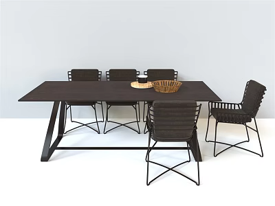 Modern Dining Table Set With Woven Chairs And Metal Legs And Decorative Basket On Top 3d model