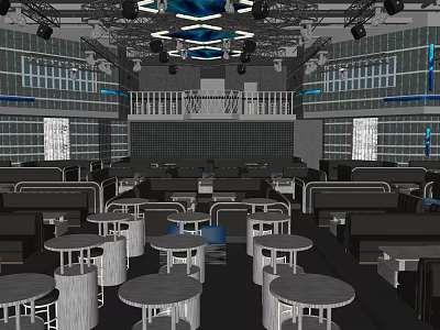 Modern Bar Interior Design With Open Layout Round Tables And Chairs 3d model
