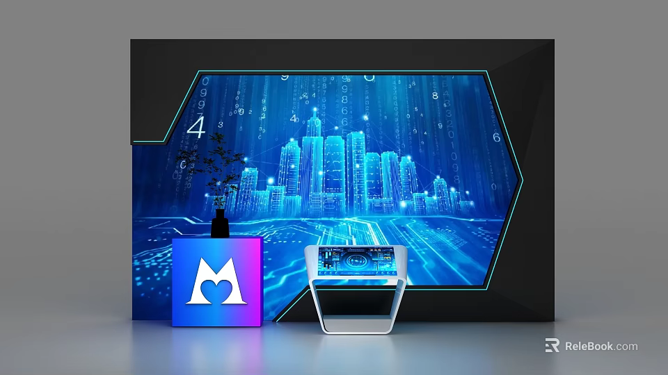 Modern Display Shelf With Digital City Data Stream And Tech Product Showcase 3d model 
