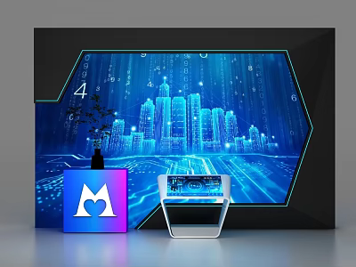 Modern Display Shelf With Digital City Data Stream And Tech Product Showcase 3d model