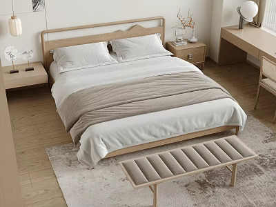 Minimalist Double Bed with Wooden Headboard White Sheets Beige Blanket Nightstand Lamp and Foot Bench 3d model