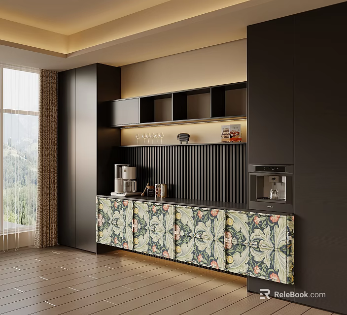 Modern Vintage Patterned Sideboard Cabinet With Built In Coffee Station And Ample Storage Spaces 3d model 
