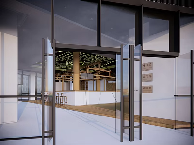 Modern Café Entrance With Glass Doors And Bright Interior Featuring Wooden Beams And Bar Counter 3d model