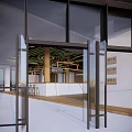 Modern Café Entrance With Glass Doors And Bright Interior Featuring Wooden Beams And Bar Counter