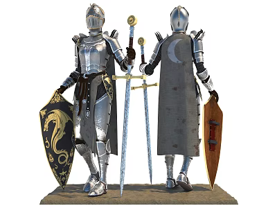 Armored Knight Figures Standing With Swords Shields And Medieval Armor Details 3d model