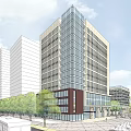 Modern Office Building Complex With Glass Curtain Wall Greenery And Street Vehicles