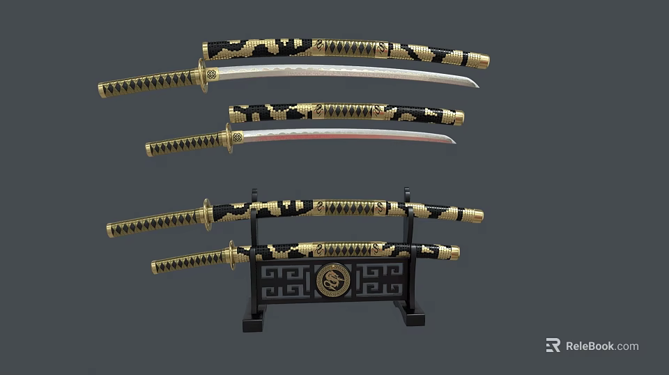 Traditional Decorative Katanas With Black And Gold Patterned Sheaths On Display Stand 3d model 