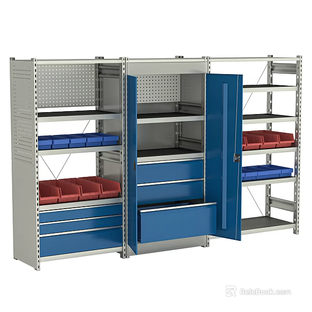 Metal Storage Rack With Blue Drawers Cabinet Doors And Red Blue Storage Boxes 3d model 