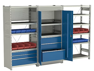 Metal Storage Rack With Blue Drawers Cabinet Doors And Red Blue Storage Boxes 3d model