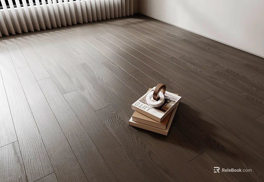 Dark Modern Wooden Flooring With Natural Texture Stack Of Books And Decorative Ring 3d model 