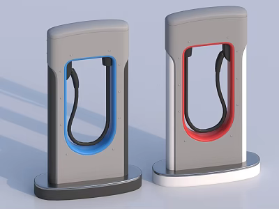 Pair Of Modern Electric Vehicle Charging Stations With Gray Body And Blue Red Accents 3d model