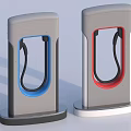 Pair Of Modern Electric Vehicle Charging Stations With Gray Body And Blue Red Accents